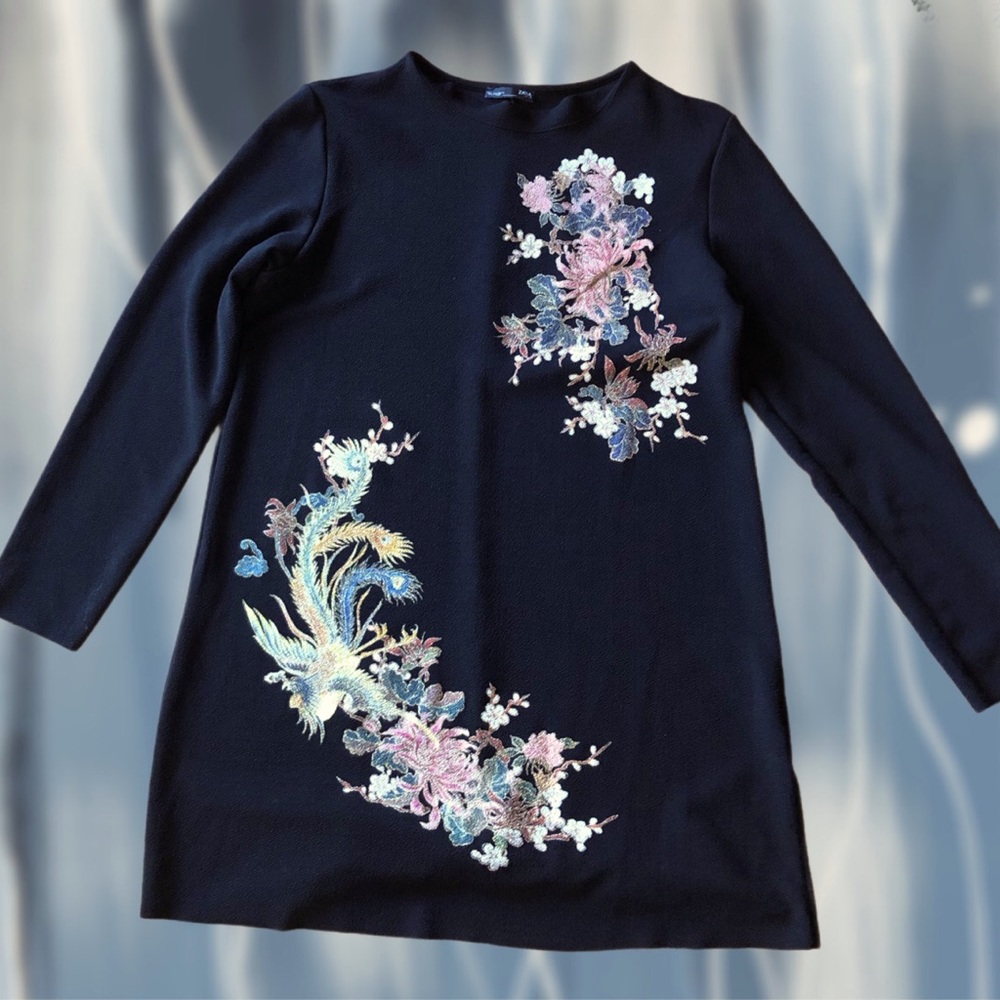 Zara Black Dress with Pastel Floral Embroidery